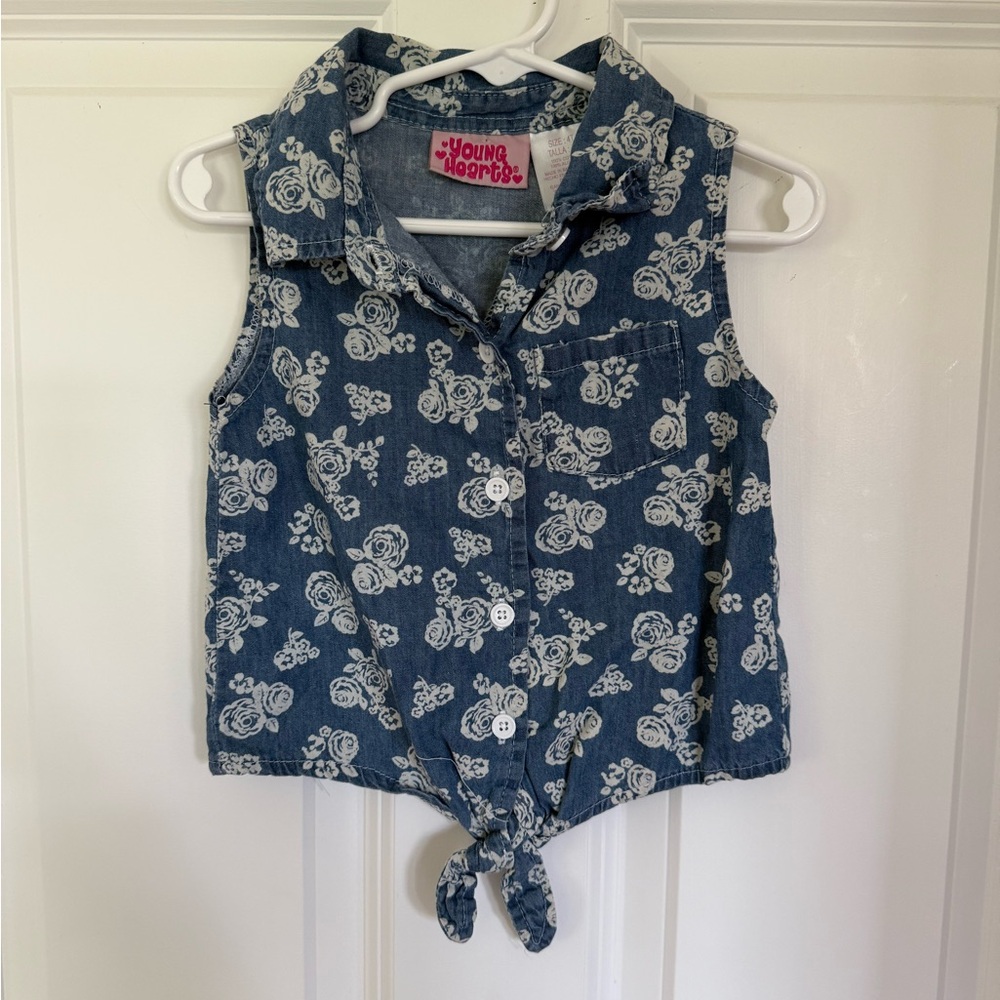 Girls Blue & White Floral Denim Button Down Shirt with Tie Detail - Size 4t
